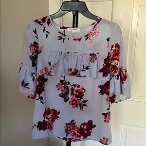 Living Doll Floral Ruffle Blouse, M, periwinkle with burgundy